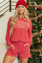 Racing Red Corded MERRY Graphic Long Sleeve Top and Shorts Set - Crowned Energy CO.