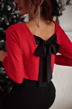 Racing Red Metallic Bowknot Open Back V Neck Top - Goddess Vibes