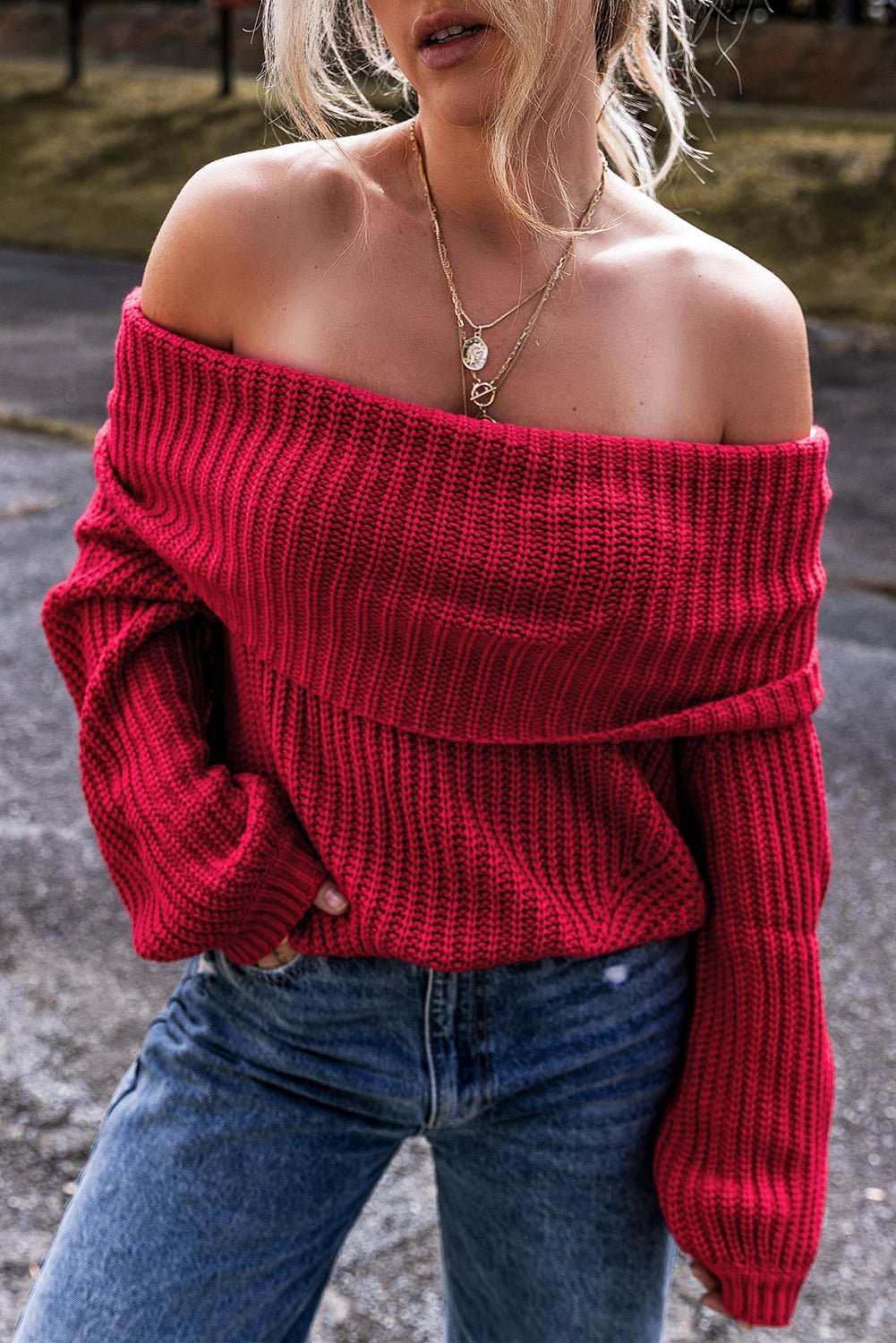 Racing Red Off - the - shoulder Knit Sweater - Crowned Energy CO.