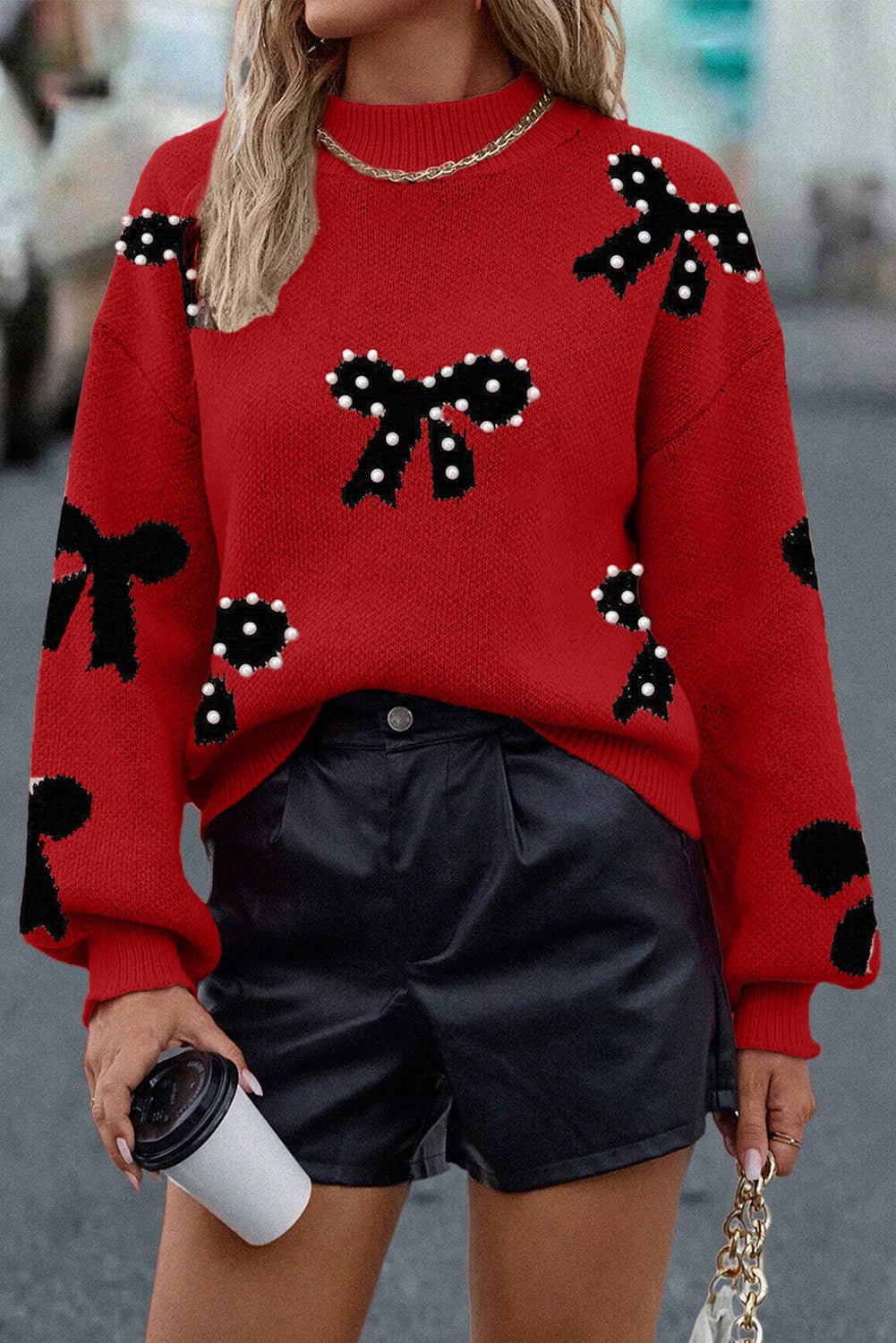 Racing Red Pearl Embellished Bow Pattern Loose Sweater - Crowned Energy CO.