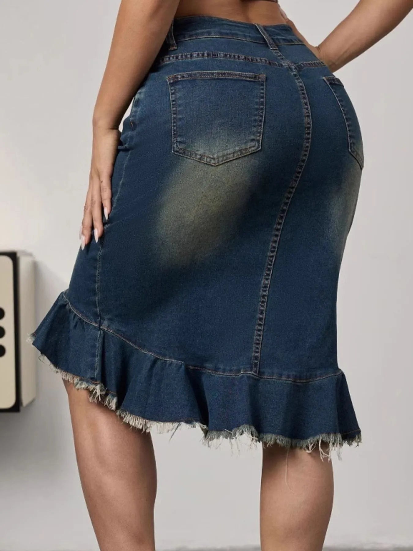 Raw Hem Mermaid Denim Skirt With Pockets - Crowned Energy CO.