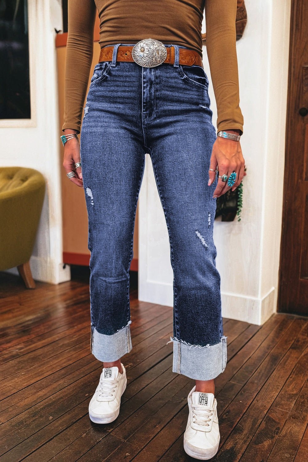 Real Teal Folded Cuffs Distressed Straight High Waist Jeans - Goddess Vibes