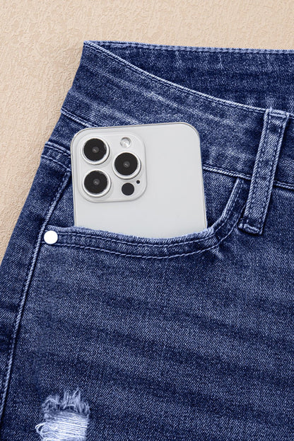 Real Teal Folded Cuffs Distressed Straight High Waist Jeans - Goddess Vibes