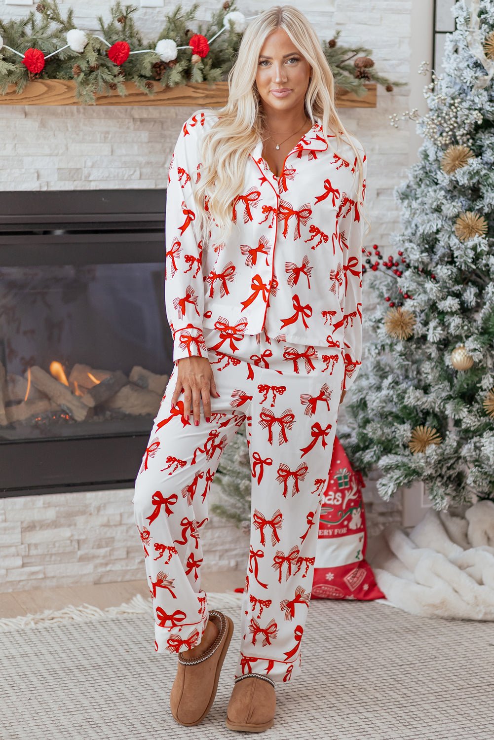 Red Christmas Bow Print Long 2pcs Pajama Set - Goddess Vibes