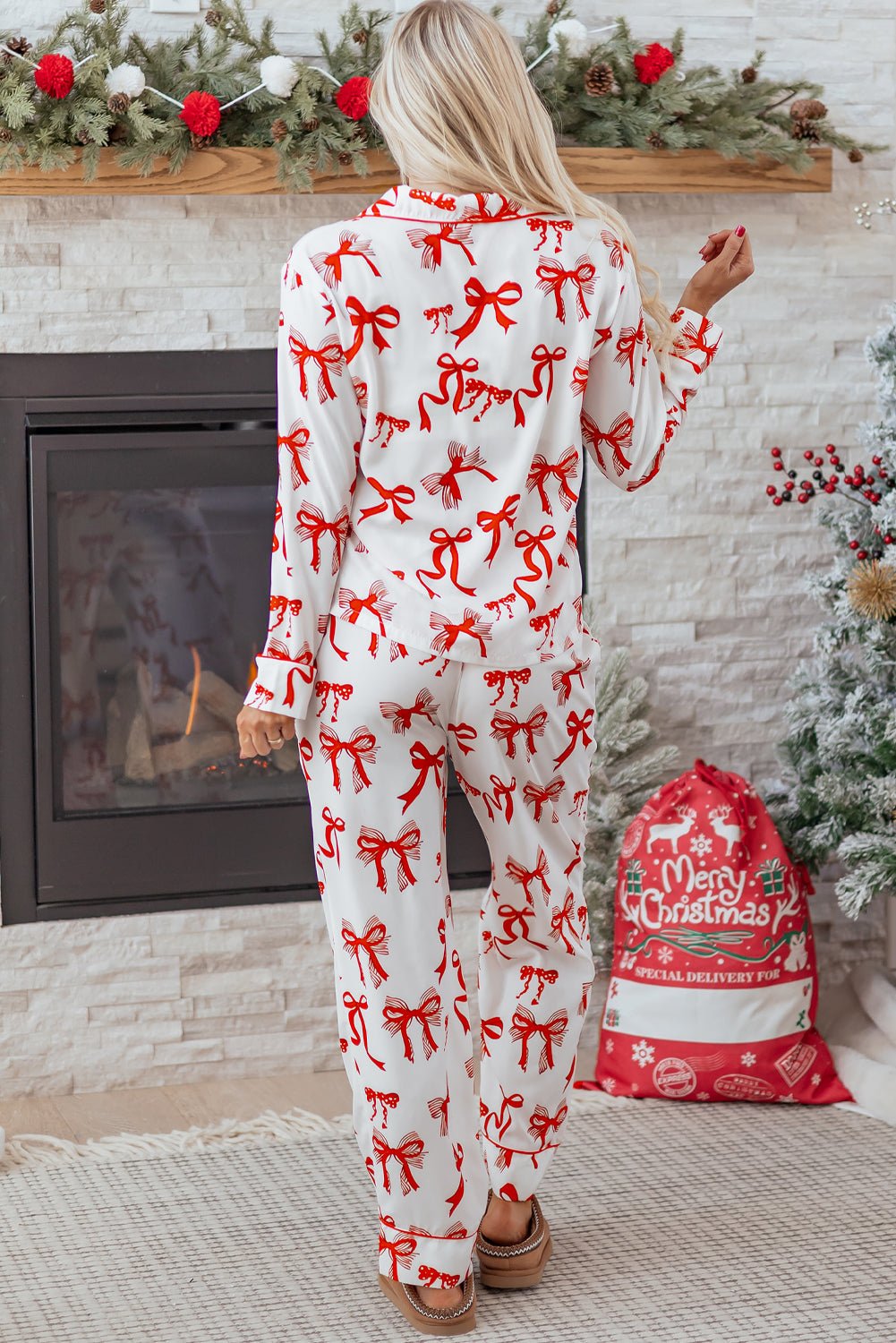 Red Christmas Bow Print Long 2pcs Pajama Set - Goddess Vibes