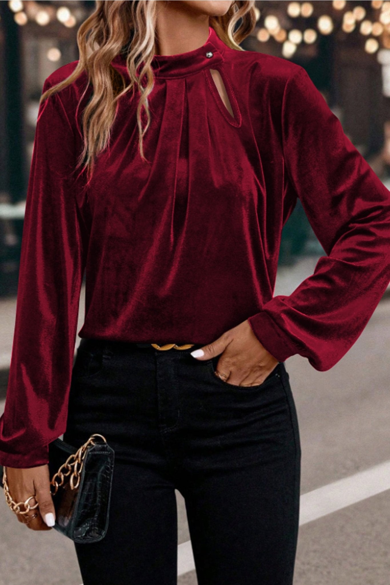 Red Dahlia Asymmetric Button Keyhole Neck Long Sleeve Velvet Blouse - Crowned Energy CO.
