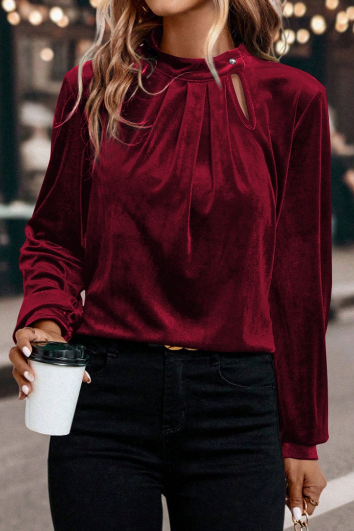 Red Dahlia Asymmetric Button Keyhole Neck Long Sleeve Velvet Blouse - Crowned Energy CO.