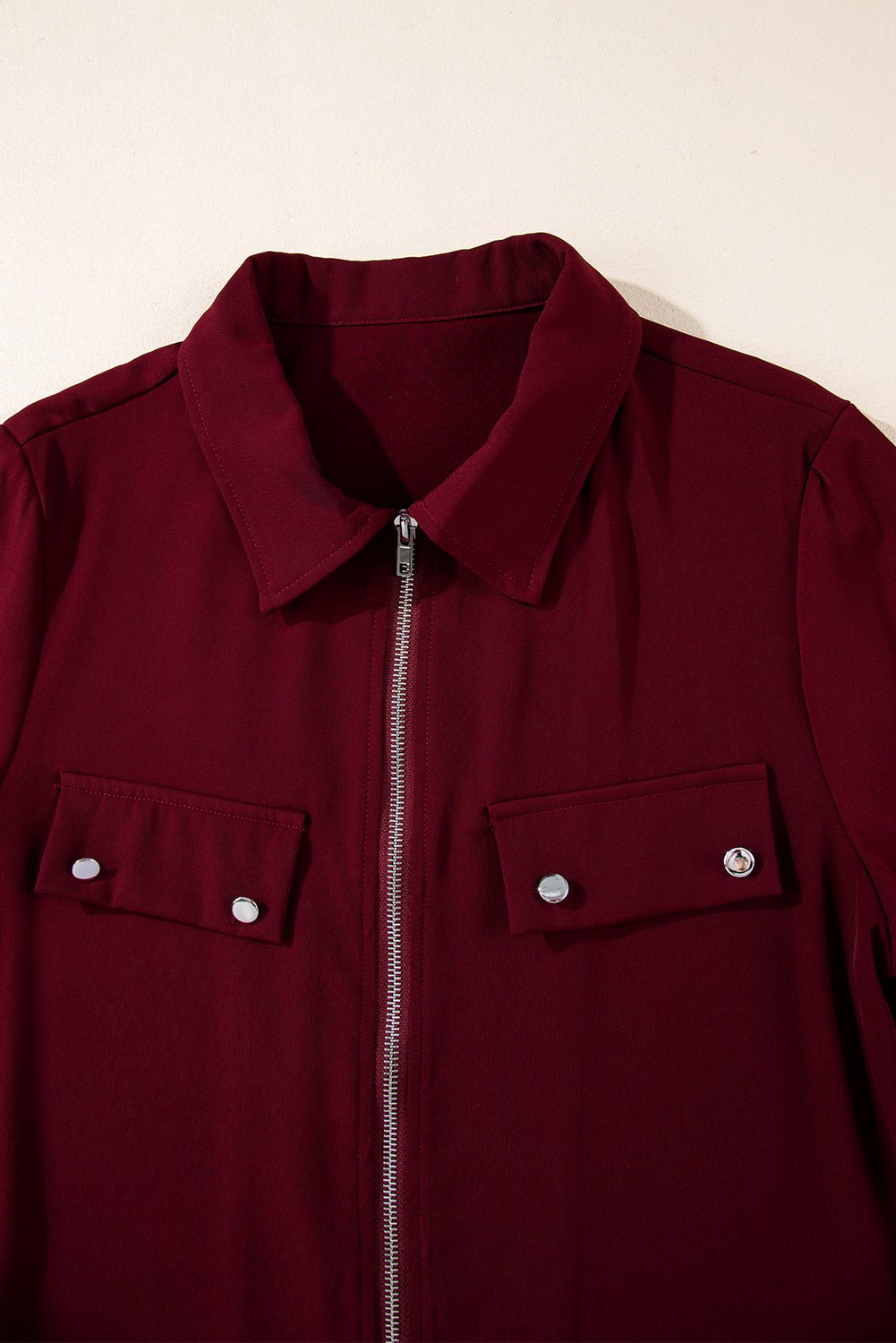 Red Dahlia Collar Tab Sleeve Zip Up Flap Detail Jacket - Crowned Energy CO.