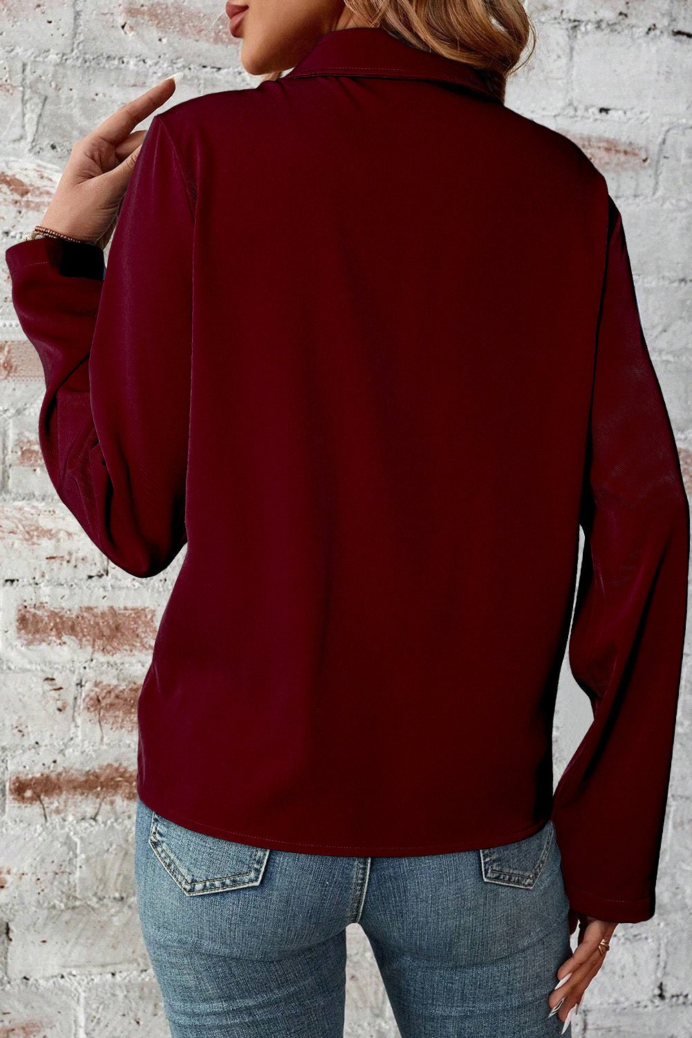 Red Dahlia Collar Tab Sleeve Zip Up Flap Detail Jacket - Crowned Energy CO.