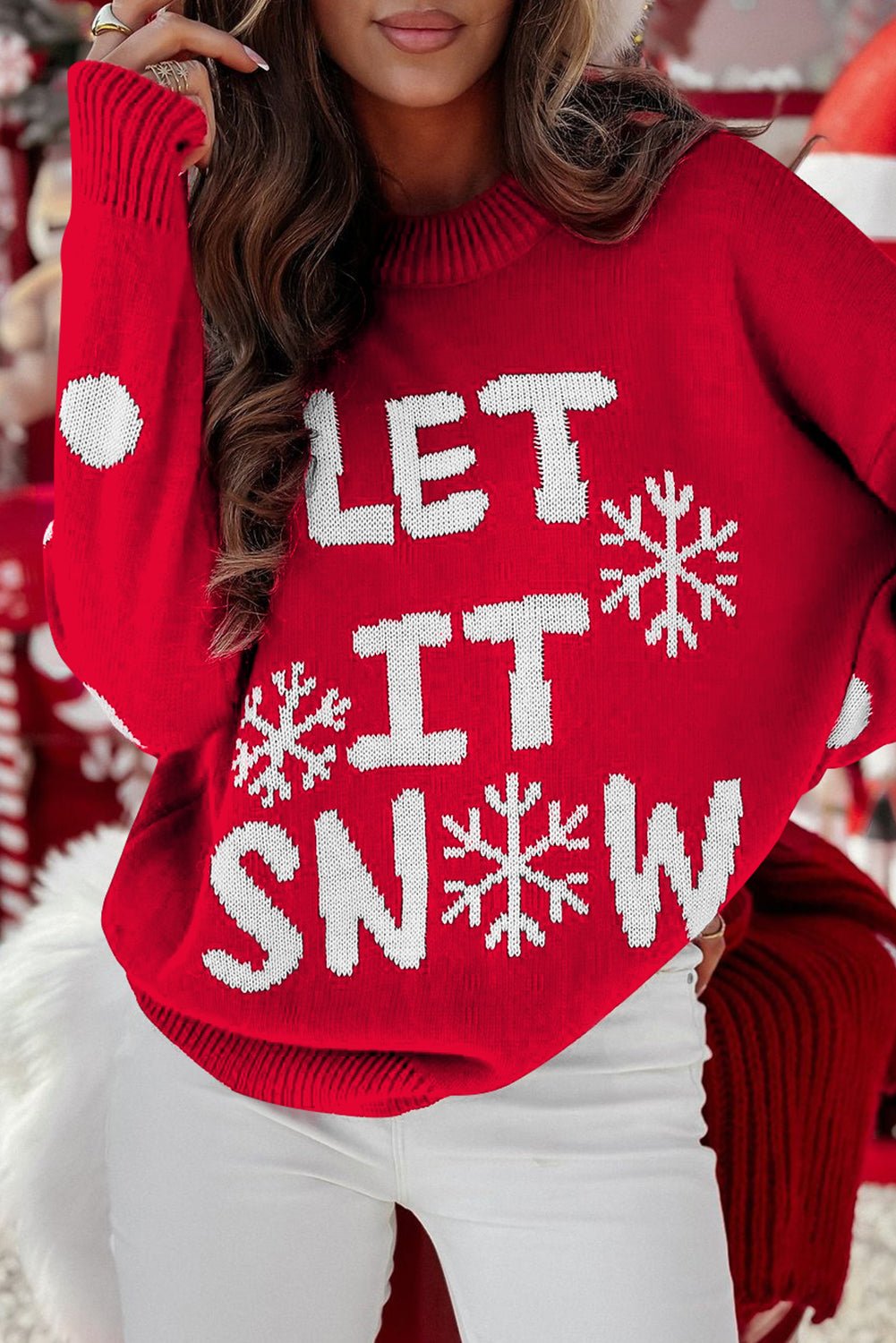 Crowned Energy CO. Red Dahlia / S / 52%Viscose+26%Polyester+22%Polyamide Dear-Lover Dropshipping Sweaters & Cardigans/Sweaters Red Dahlia LET IT SNOW Graphic Christmas Holiday Loose Sweater