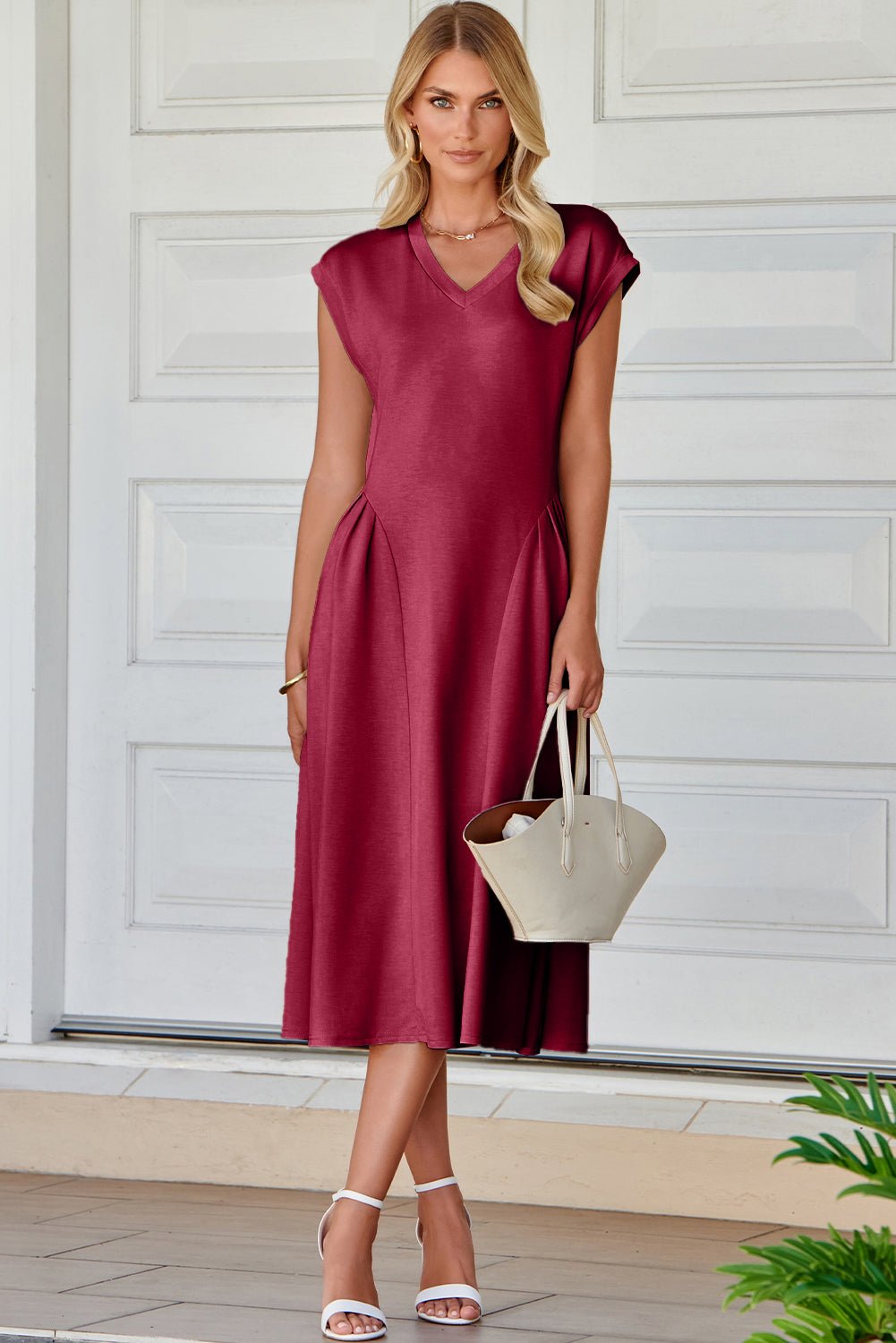 Red Dahlia Solid Color V Neck Pleated Flared Midi Dress - Crowned Energy CO.