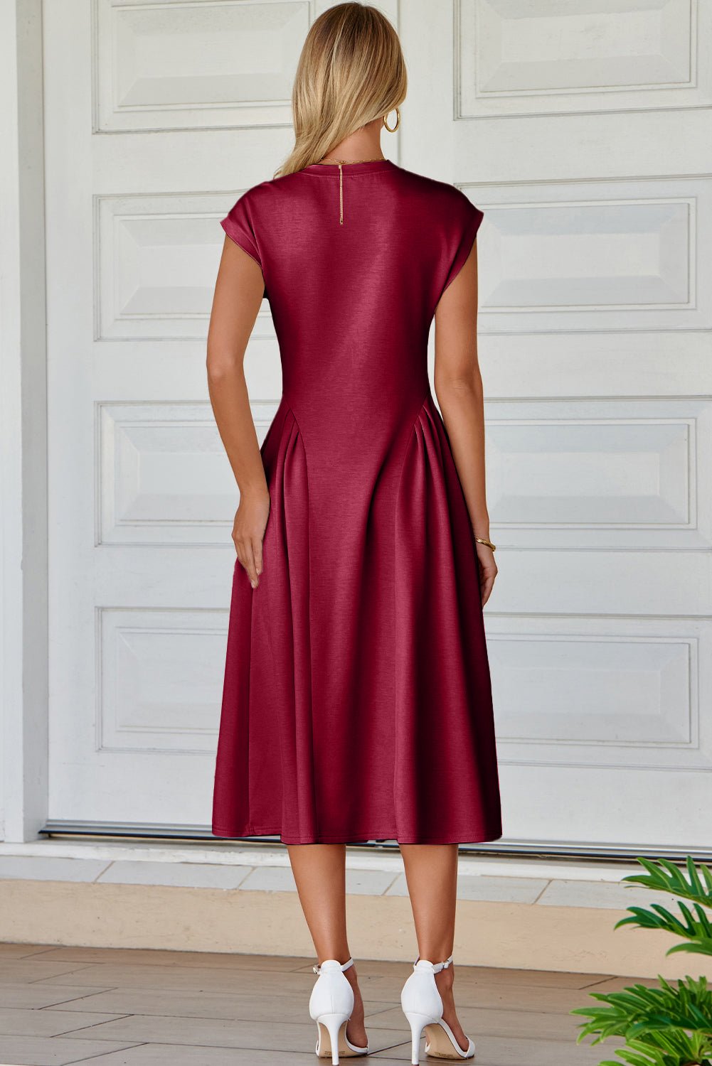 Red Dahlia Solid Color V Neck Pleated Flared Midi Dress - Crowned Energy CO.