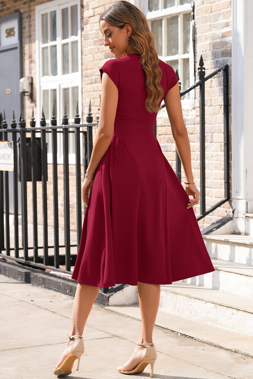 Red Dahlia Solid Color V Neck Pleated Flared Midi Dress - Crowned Energy CO.