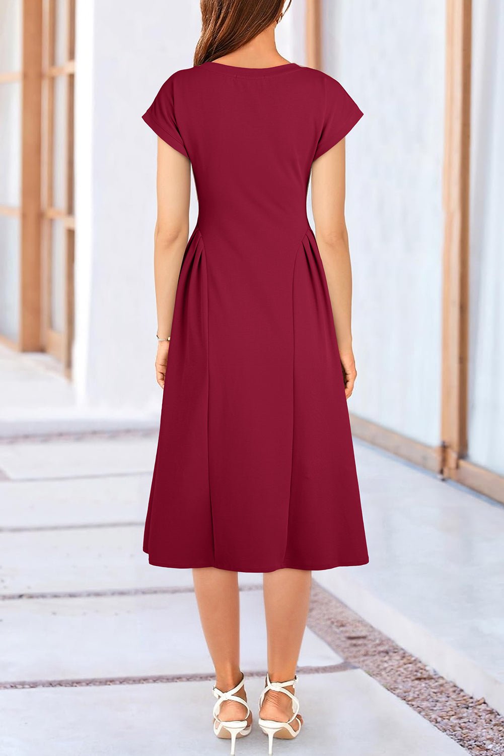 Red Dahlia Solid Color V Neck Pleated Flared Midi Dress - Crowned Energy CO.