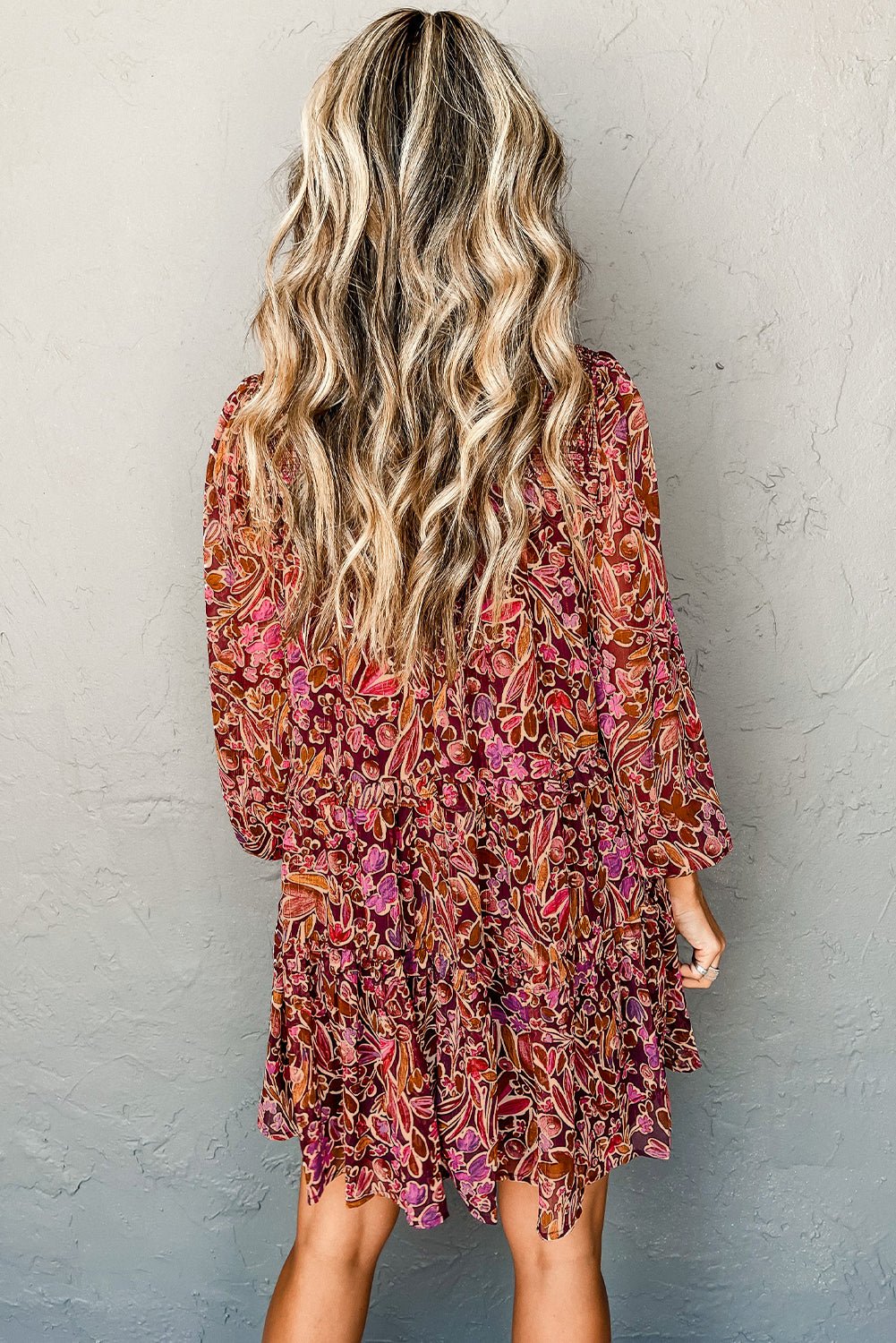 Red Floral Print Long Sleeve Shirred High Neck Loose Mini Dress - Crowned Energy CO.