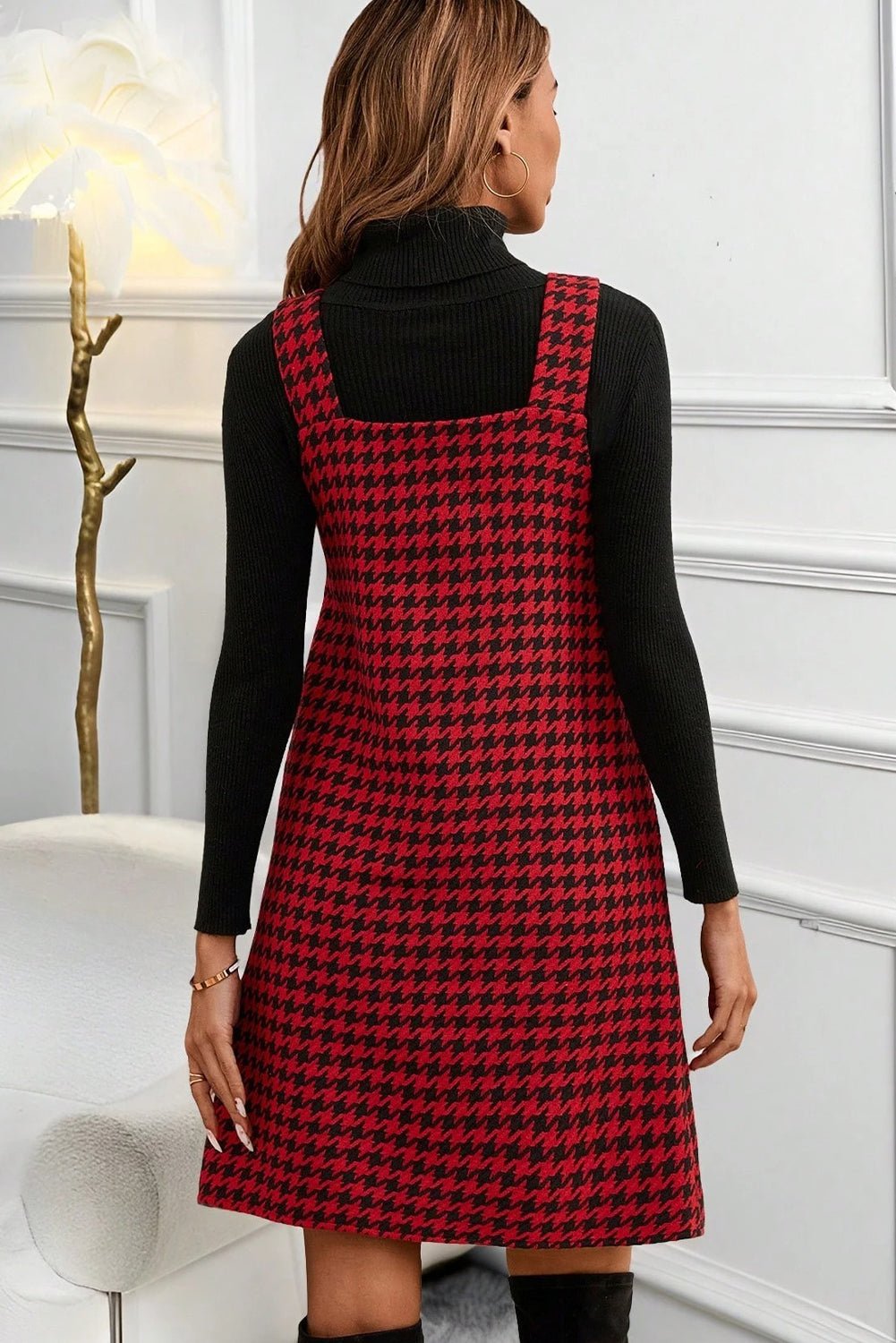 Red Houndstooth Print V Neck Sleeveless Mini Dress - Crowned Energy CO.