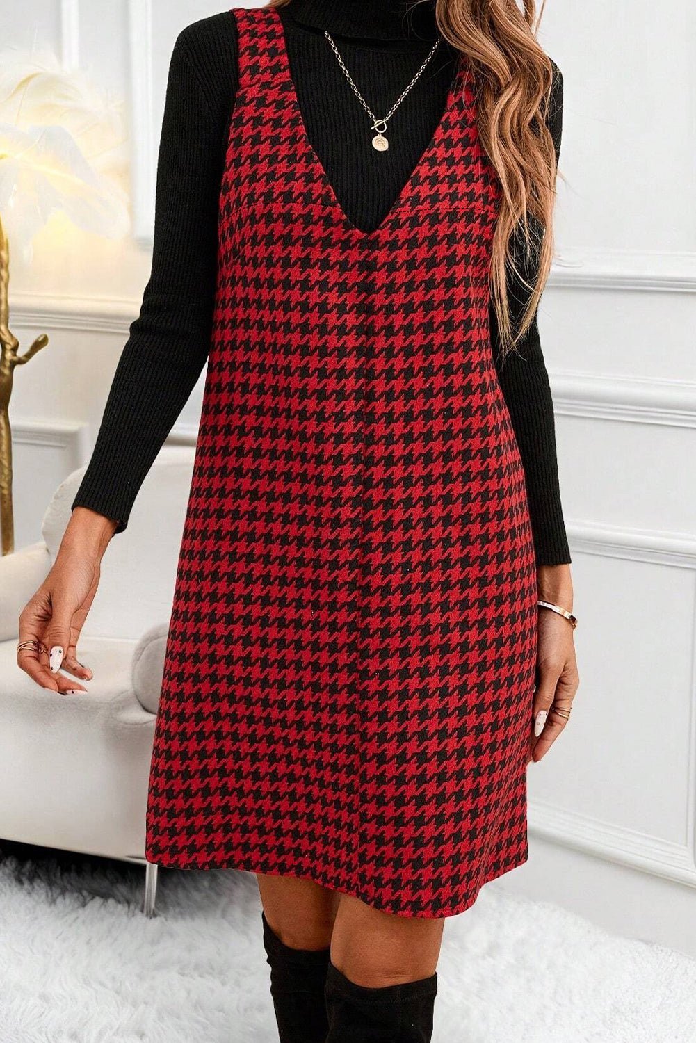 Red Houndstooth Print V Neck Sleeveless Mini Dress - Crowned Energy CO.