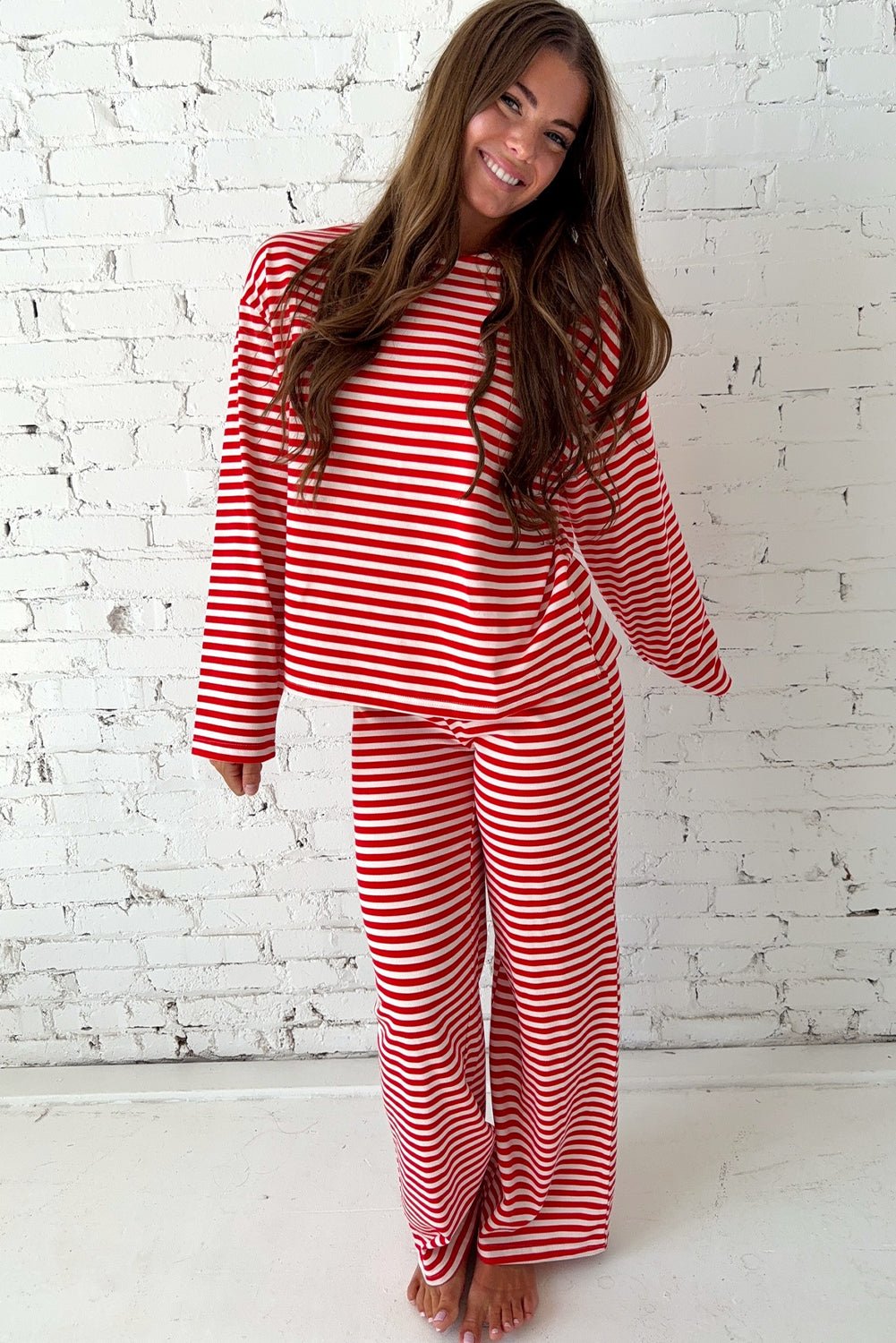 Red Stripe Drop Shoulder Long Sleeve Top Lounge Pants 2pcs Set - Crowned Energy CO.