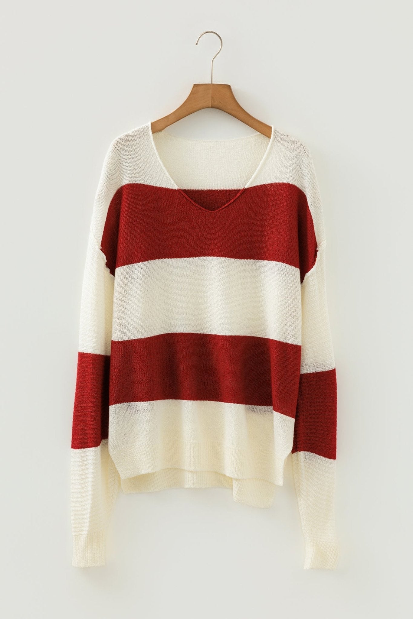 Red Stripe Loose Color Block Drop Shoulder Bubble Sleeve Sweater - Crowned Energy CO.