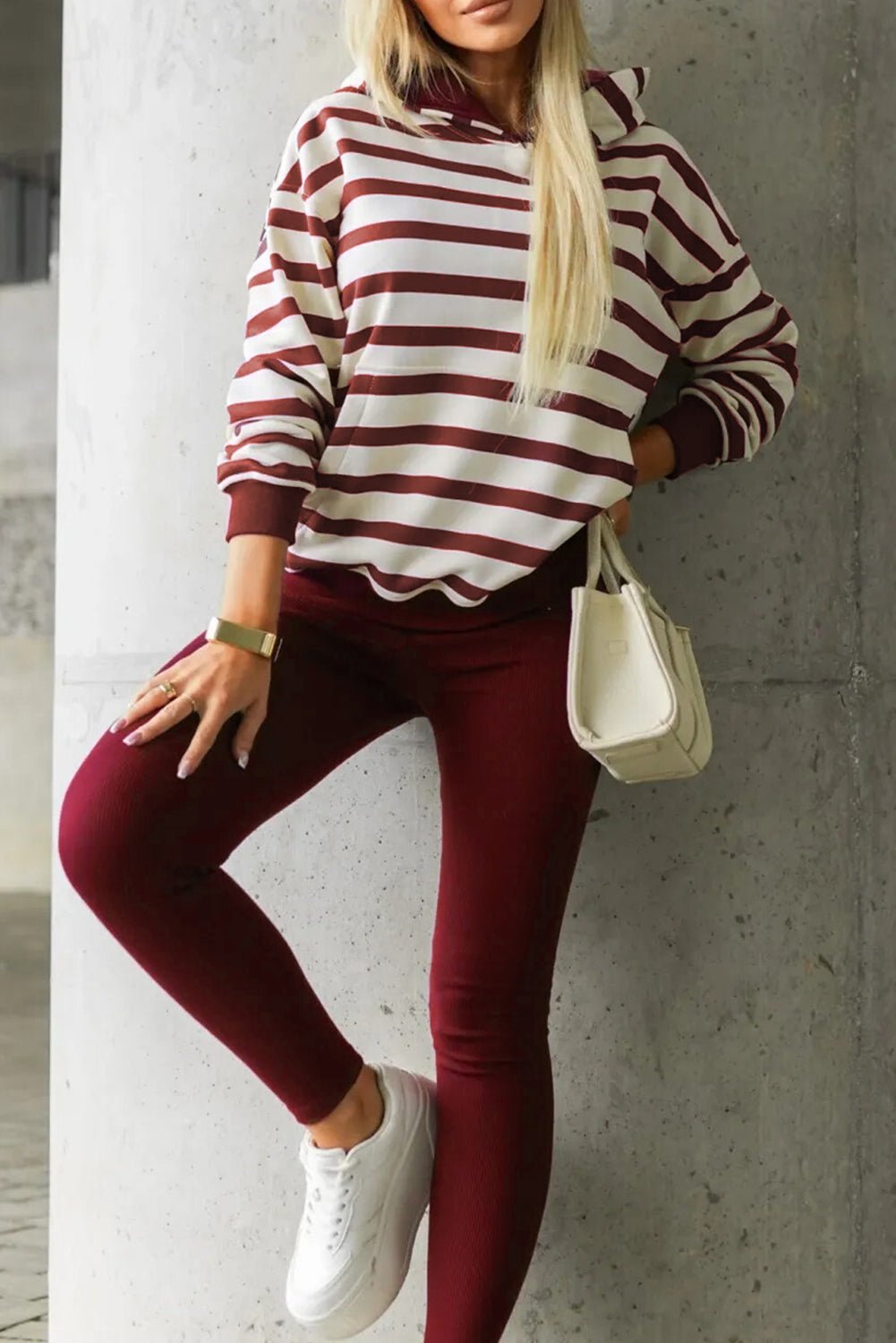 Red Stripe Pullover Hoodie Ribbed Solid Pants 2pcs Set Outfit - Crowned Energy CO.