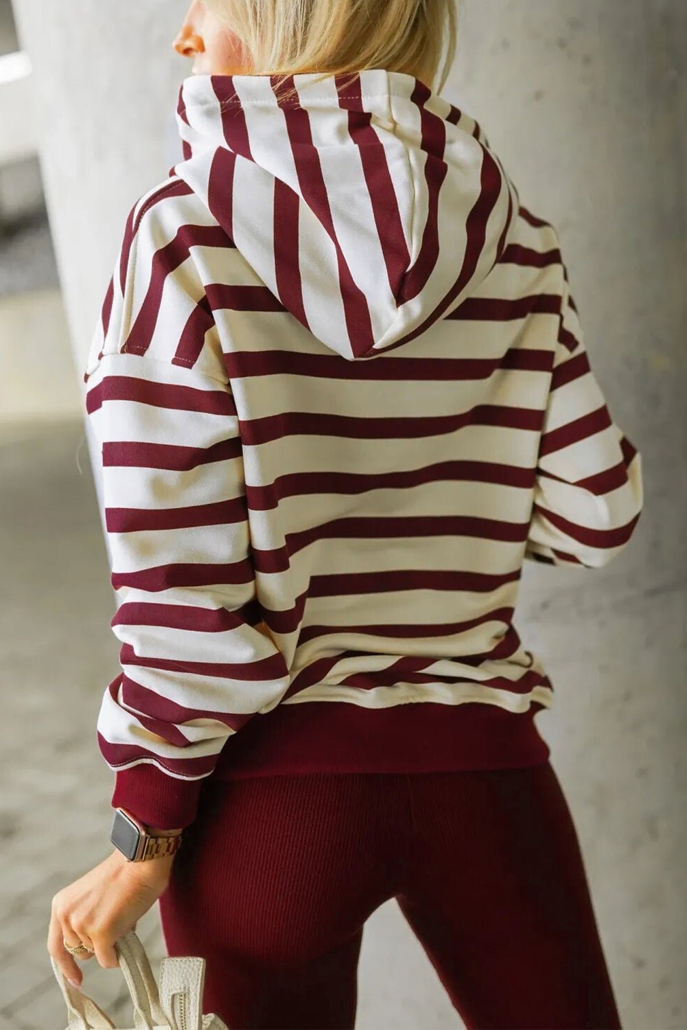 Red Stripe Pullover Hoodie Ribbed Solid Pants 2pcs Set Outfit - Crowned Energy CO.