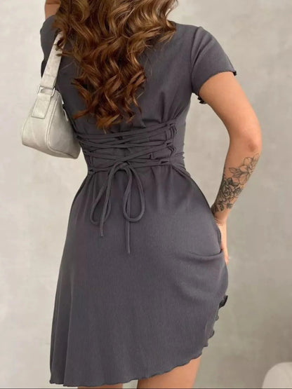 Ribbed Back Lace Up Short Sleeve Mini Dress - Goddess Vibes