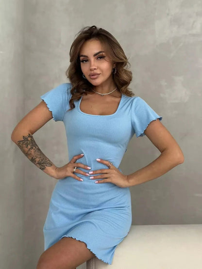 Ribbed Back Lace Up Short Sleeve Mini Dress - Goddess Vibes