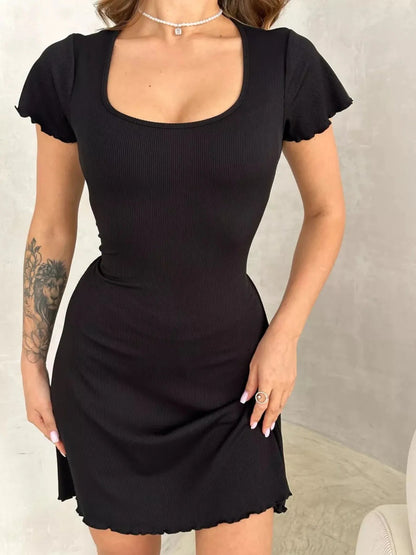 Ribbed Back Lace Up Short Sleeve Mini Dress - Goddess Vibes