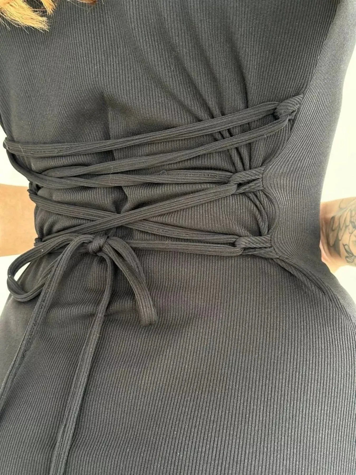 Ribbed Back Lace Up Short Sleeve Mini Dress - Goddess Vibes