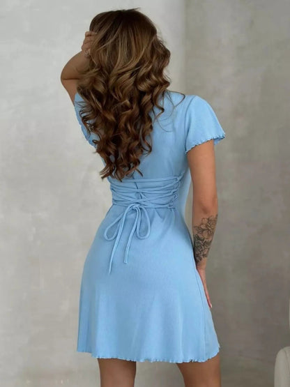 Ribbed Back Lace Up Short Sleeve Mini Dress - Goddess Vibes