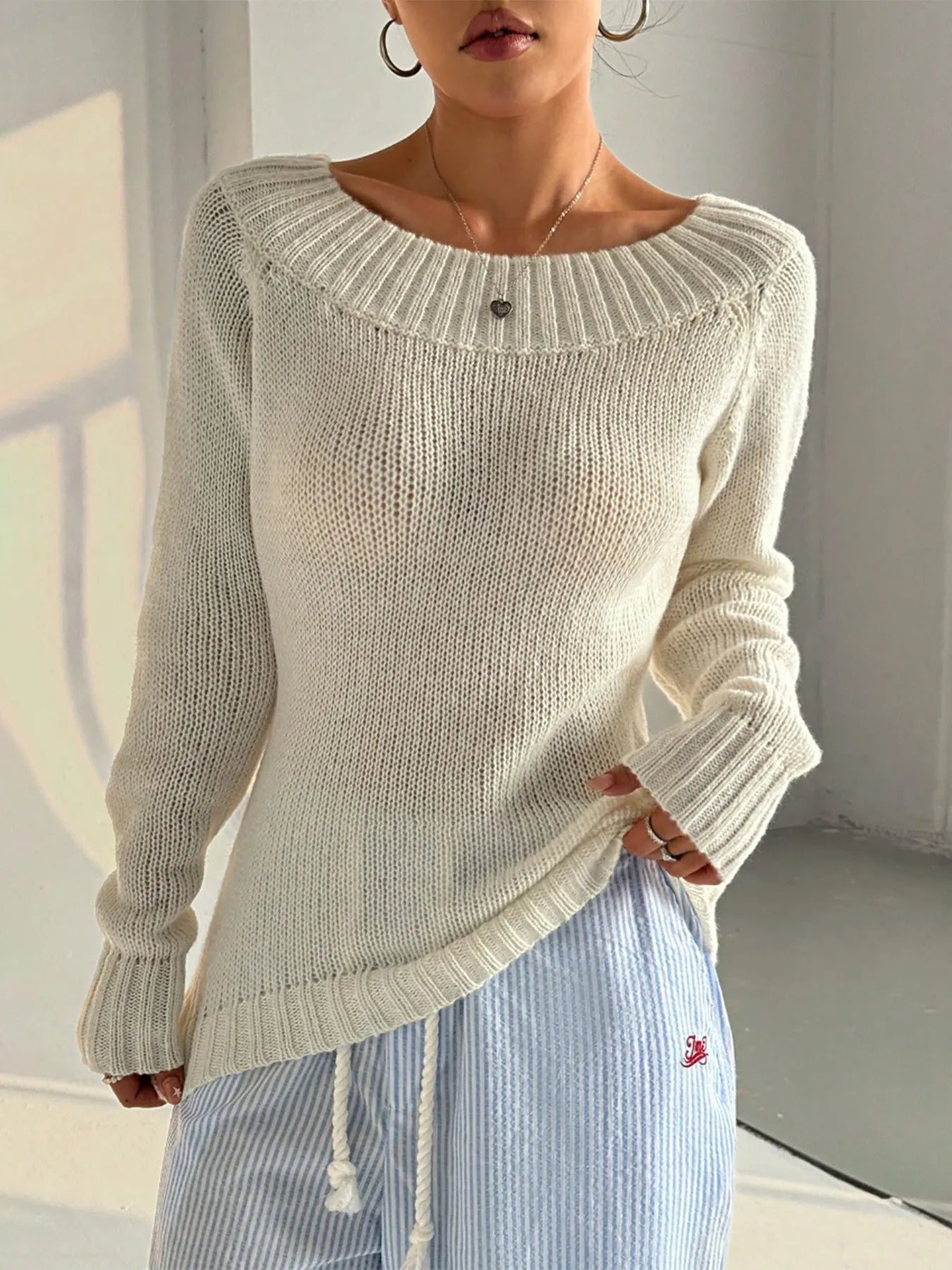 Crowned Energy CO. White / S Trendsi Sweaters & Cardigans/Cardigans Ribbed Knit Boat Neck Sweater