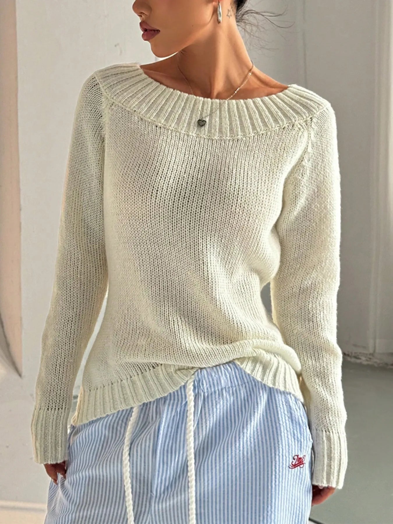 Ribbed Knit Boat Neck Sweater - Goddess Vibes