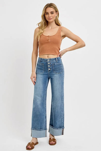 RISEN High Rise Ankle Wide Button Patch Pocket Cuffed Jeans - Goddess Vibes