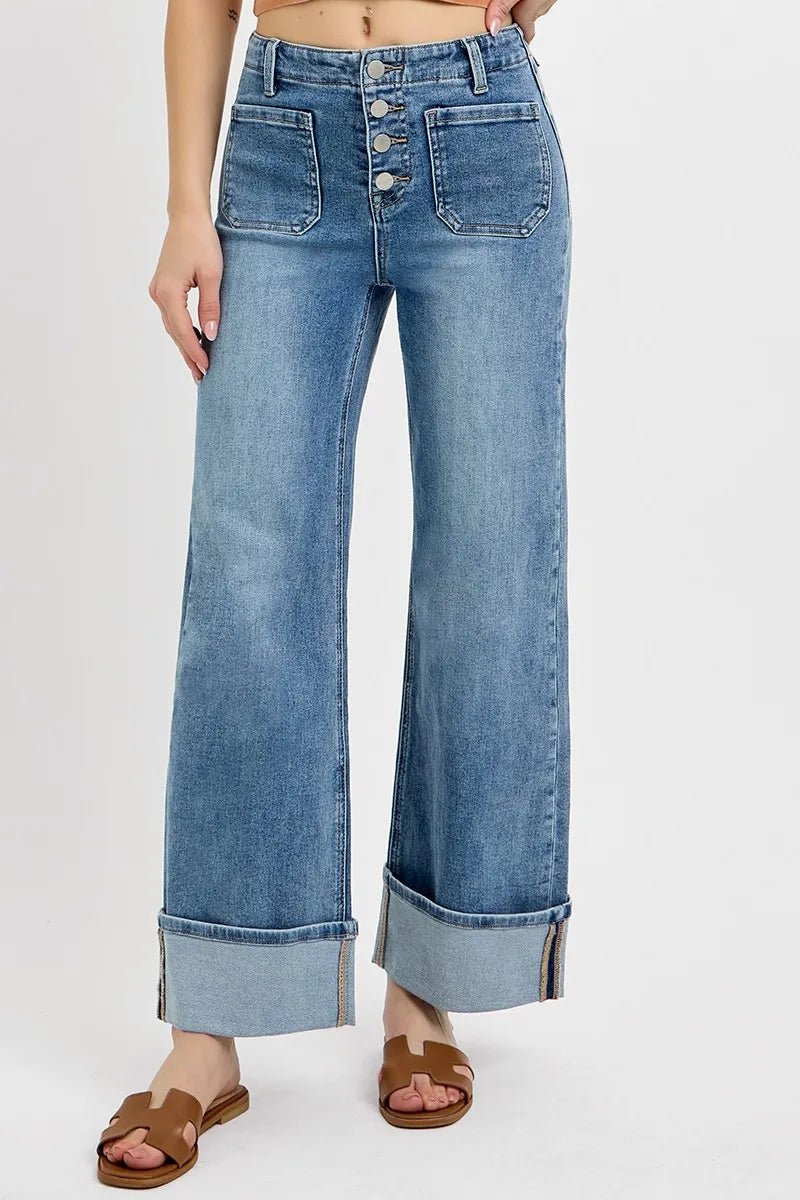 RISEN High Rise Ankle Wide Button Patch Pocket Cuffed Jeans - Goddess Vibes