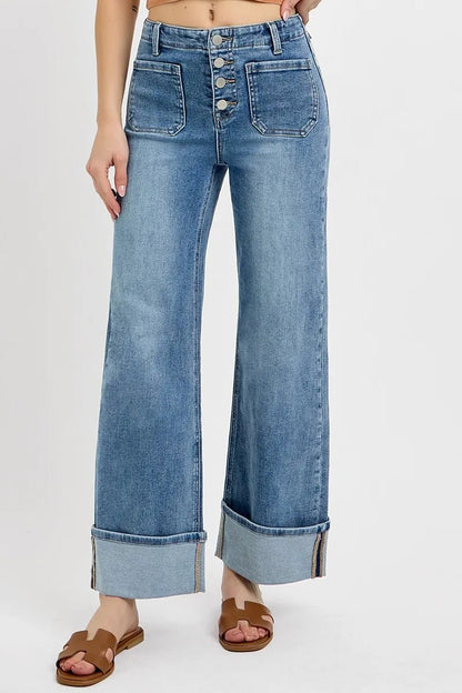 RISEN High Rise Ankle Wide Button Patch Pocket Cuffed Jeans - Goddess Vibes
