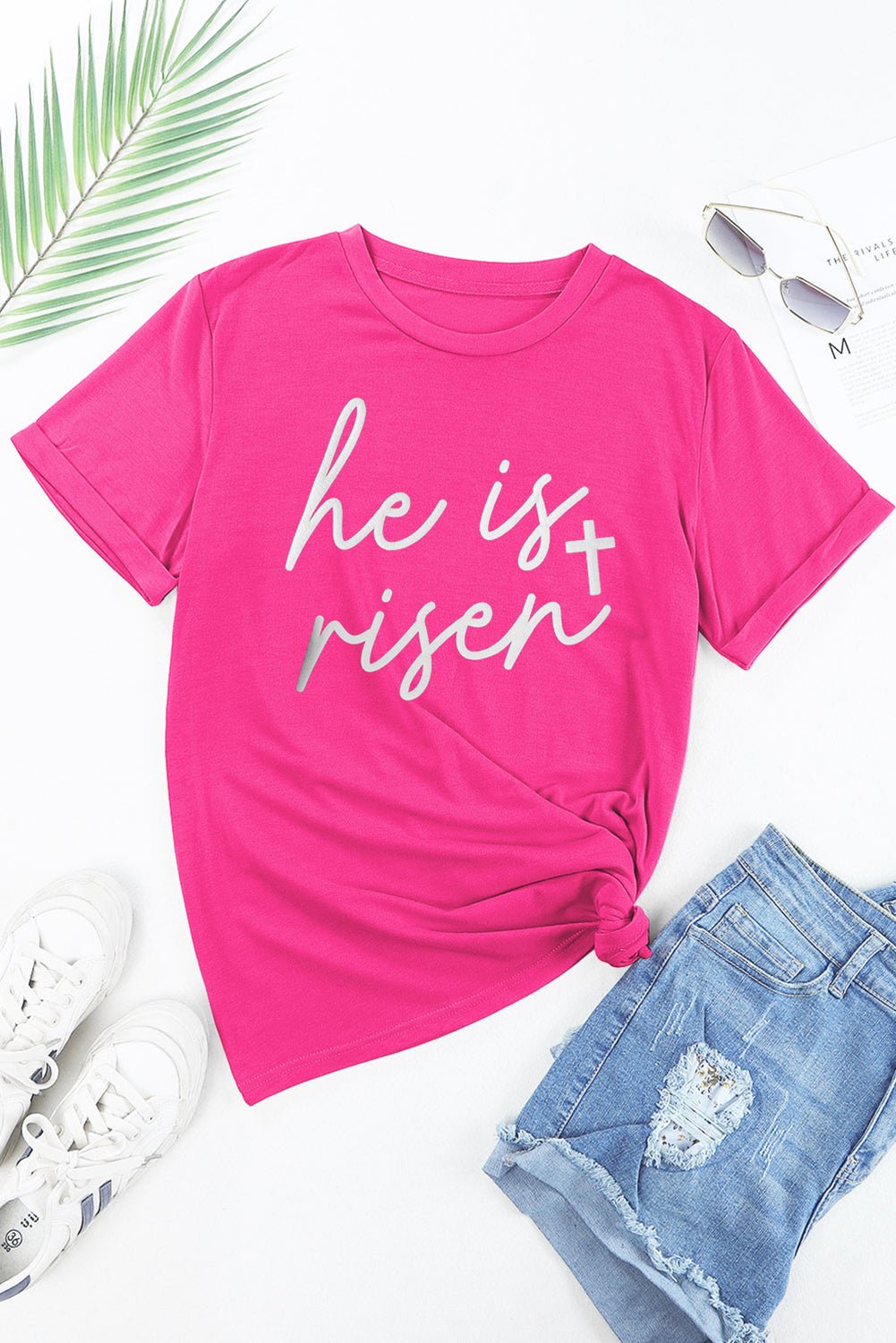 Rose Red Glitter he is risen Cross Printed Crewneck Tee - Crowned Energy CO.