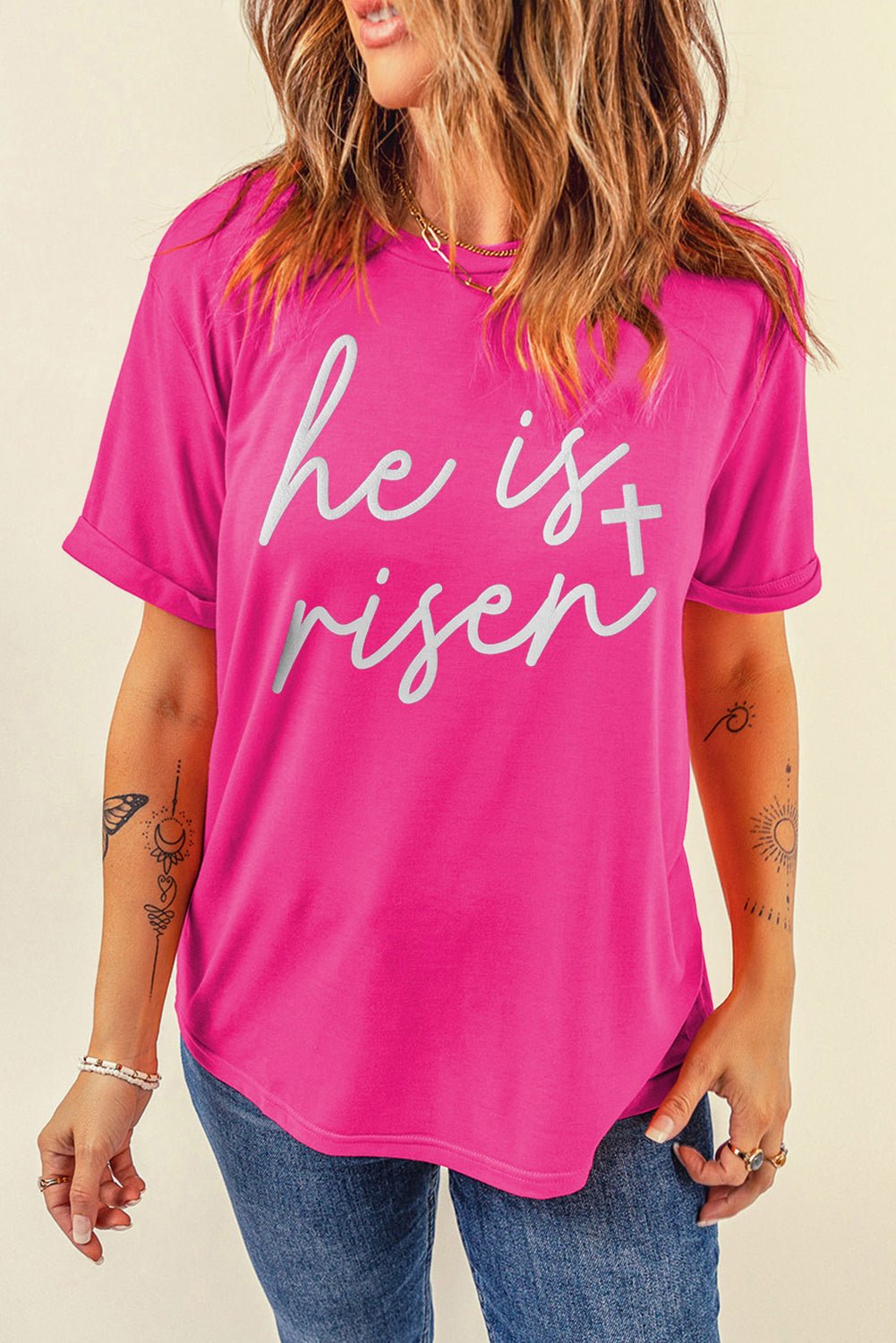 Rose Red Glitter he is risen Cross Printed Crewneck Tee - Crowned Energy CO.