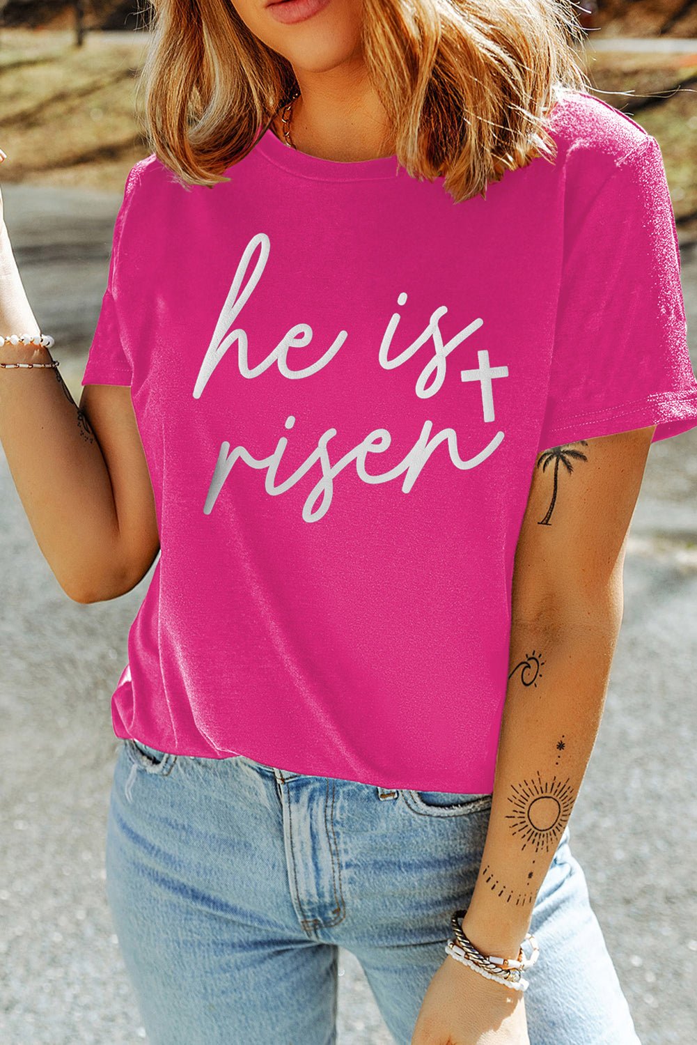 Rose Red Glitter he is risen Cross Printed Crewneck Tee - Crowned Energy CO.