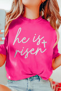Rose Red Glitter he is risen Cross Printed Crewneck Tee - Crowned Energy CO.