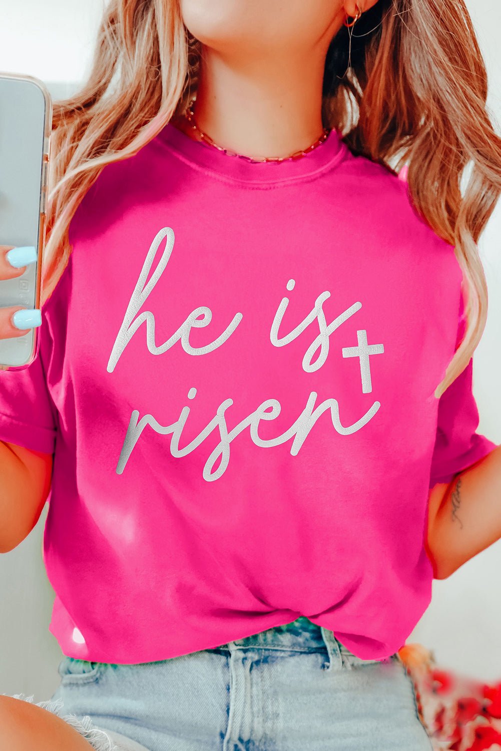 Rose Red Glitter he is risen Cross Printed Crewneck Tee - Crowned Energy CO.