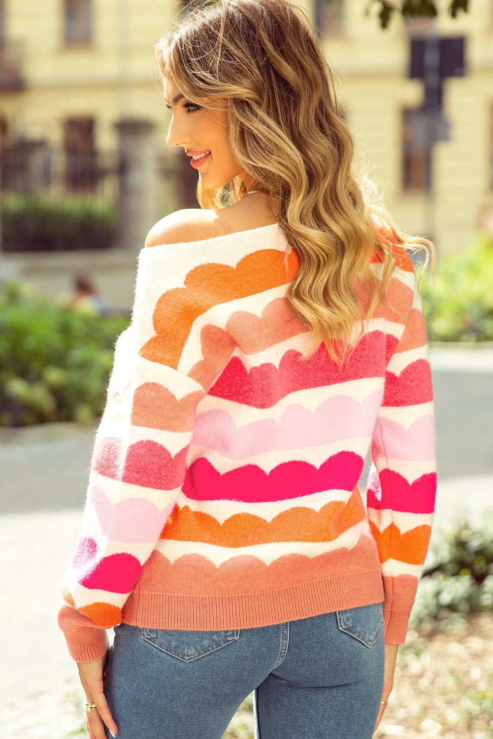 Rose Red Wave Striped Balloon Sleeve Drop Shoulder Sweater - Crowned Energy CO.