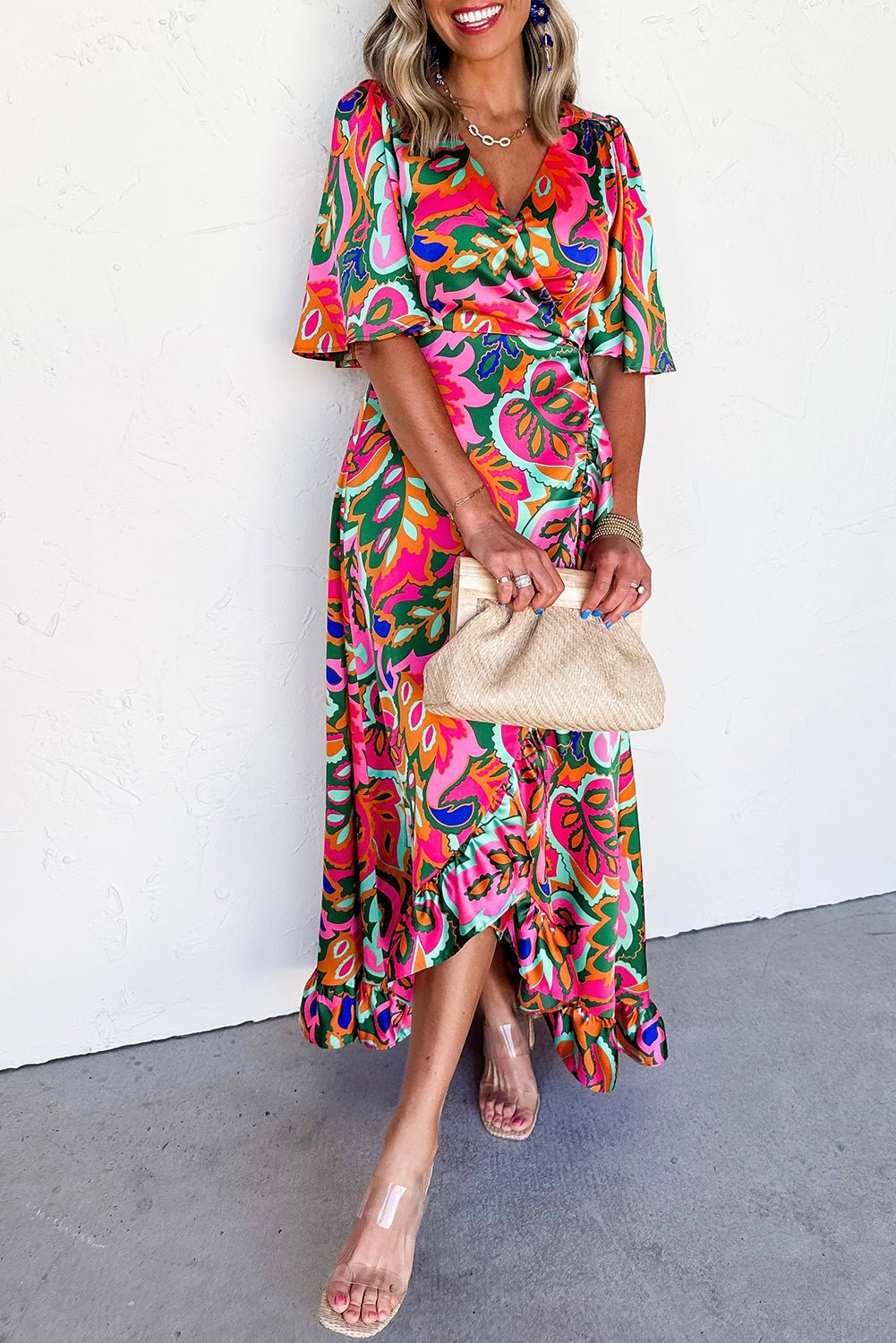 Rose Summer Plant Print Surpliced V Neck Ruffled Asymmetric Slit Wide Short Sleeve Maxi Dress - Crowned Energy CO.