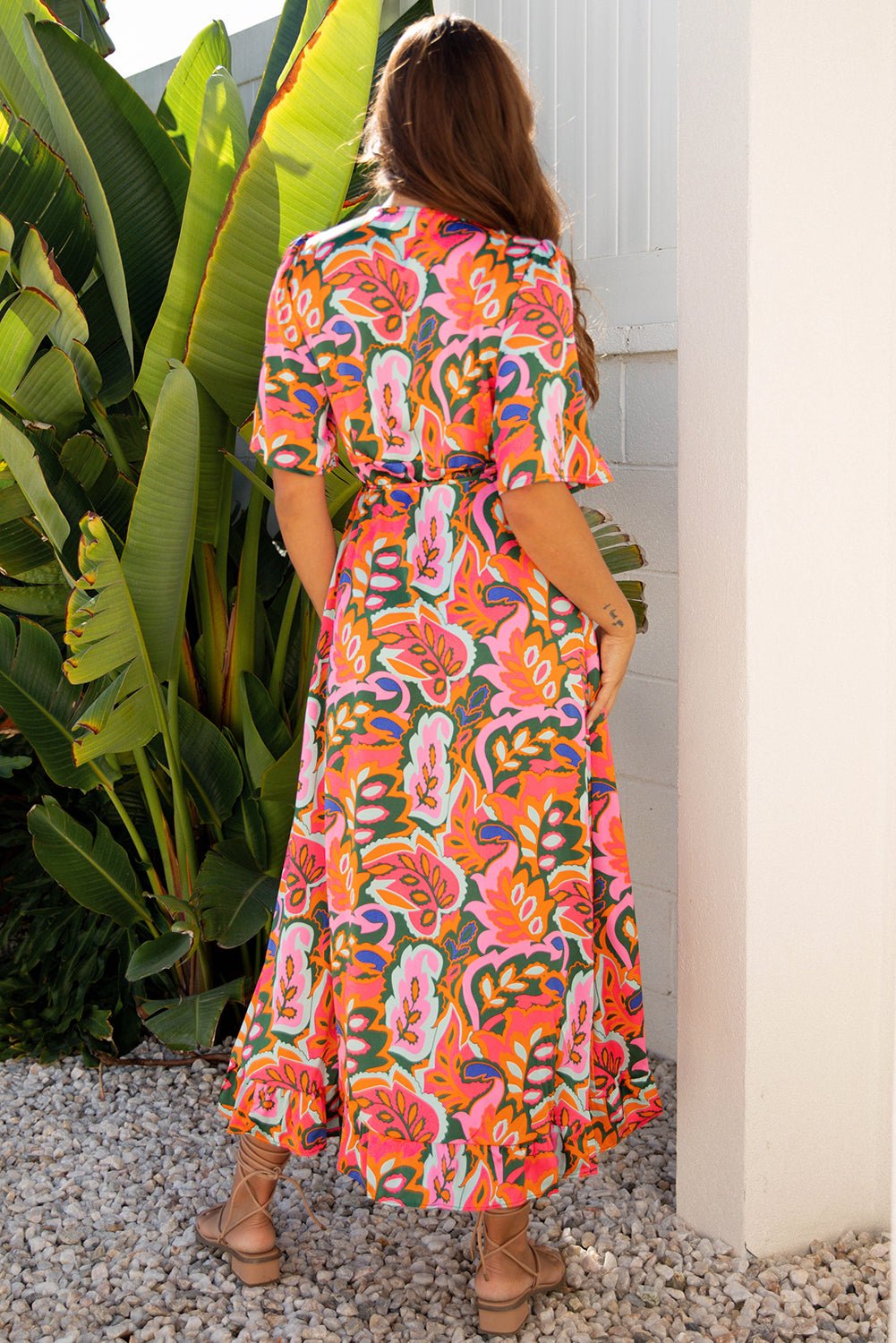 Rose Summer Plant Print Surpliced V Neck Ruffled Asymmetric Slit Wide Short Sleeve Maxi Dress - Crowned Energy CO.