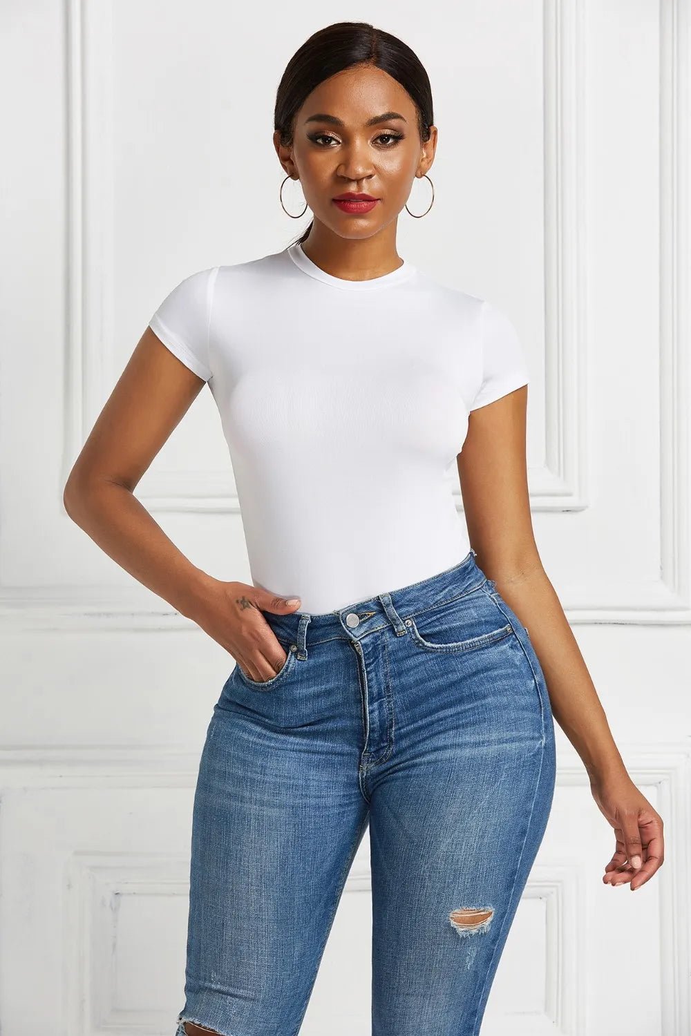 Round Neck Short Sleeve Bodysuit - Crowned Energy CO.