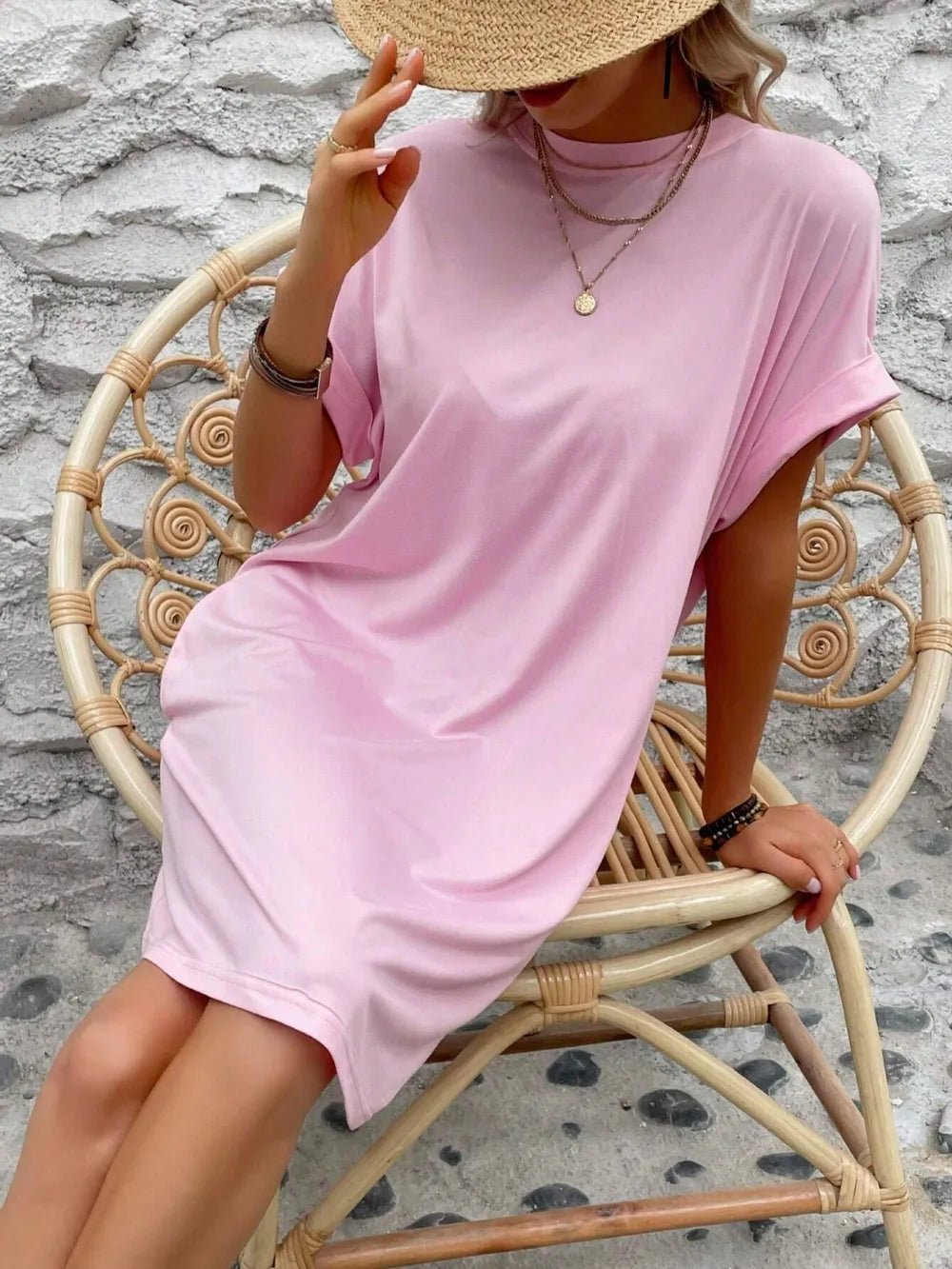 Round Neck Short Sleeve Mini Dress - Crowned Energy CO.