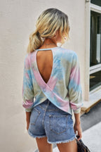 Round Neck Tie Dye Open Back Loose Sweatshirt - Goddess Vibes