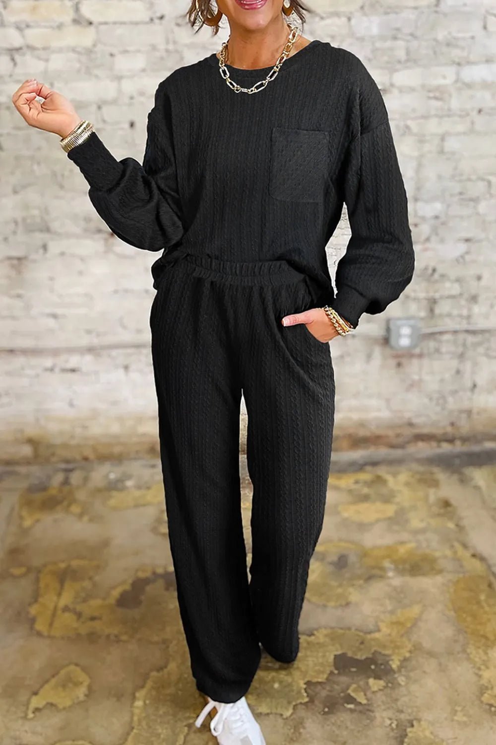 Crowned Energy CO. Black / S Trendsi OUTFIT SET Round Neck Top and Pants Set