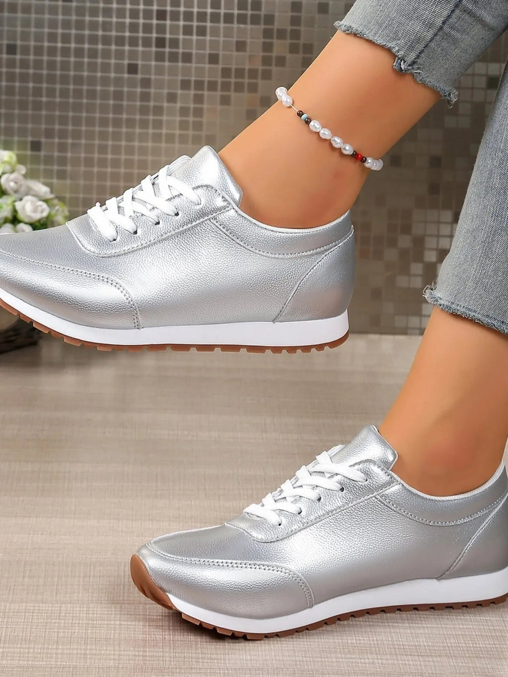 Crowned Energy CO. Gold / 36 Trendsi Shoes & Bags/Crossbody Bags Round Toe Lace-Up Sneakers
