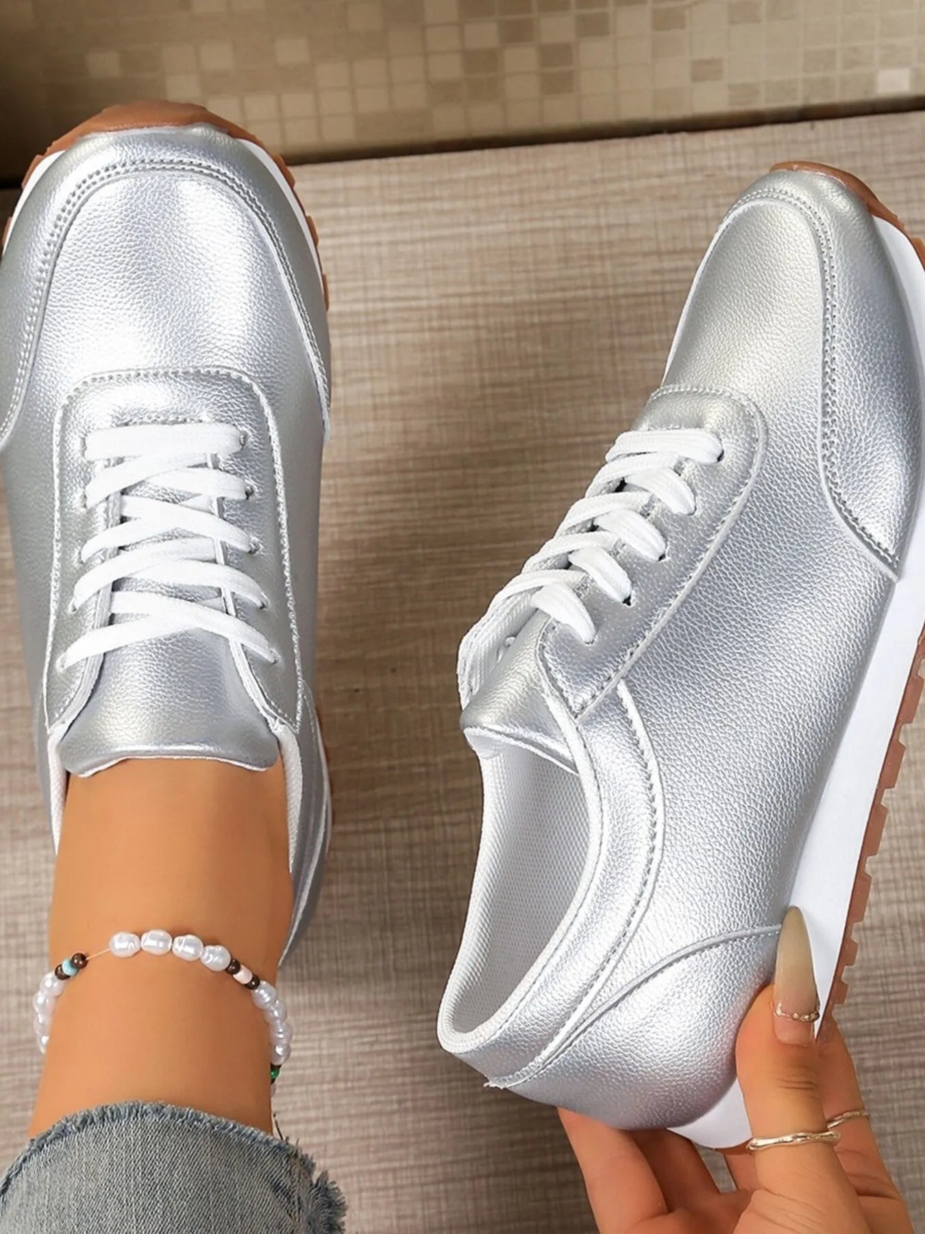 Crowned Energy CO. Silver / 36 Trendsi Shoes & Bags/Crossbody Bags Round Toe Lace-Up Sneakers