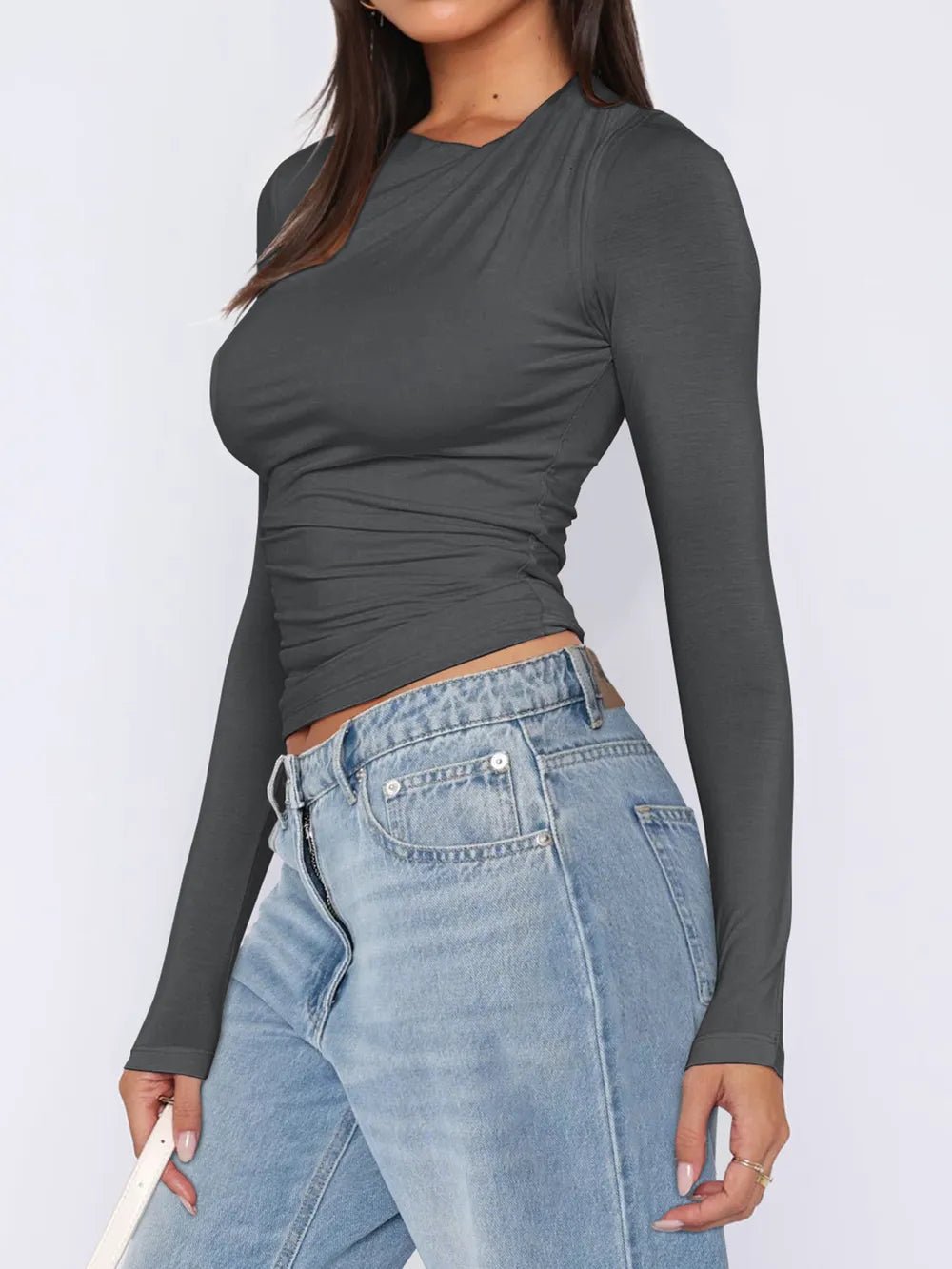 Ruched Asymmetrical Neck Long Sleeve T-Shirt - Crowned Energy CO.